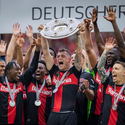 Leverkusen, Germany. 18th Mai 2024. Granit Xhaka Leverkusen mit Meisterschale,Jeremie Frimpong Leverkusen Amine Adli Leverkusen Florian Wirtz Leverkusen Nathan Tella Leverkusen Patrik Schick Leverkusen Victor Boniface Leverkusen Alejandro Grimaldo Leverkusen Bayer Leverkusen - FC Augsburg 18.05.2024 *** Leverkusen, Germany 18th May 2024 Granit Xhaka Leverkusen with championship trophy,Jeremie Frimpong Leverkusen Amine Adli Leverkusen Florian Wirtz Leverkusen Nathan Tella Leverkusen Patrik Schick Leverkusen Victor Boniface Leverkusen Alejandro Grimaldo Leverkusen Bayer Leverkusen FC Augsburg 18 05 2024