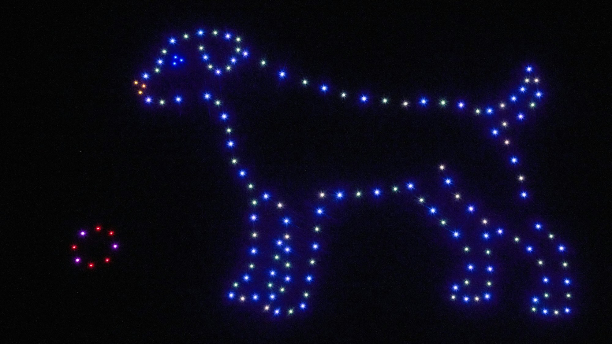 Leuchtende Drohnen fliegen bei einer Show der Deutschen Umwelthilfe und formen dabei am Himmel einen Hund. (Archivbild)