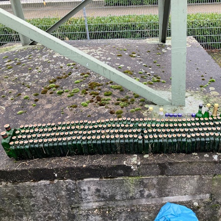 Auf dem Bild ist eine große Menge aufgereihter Schnaps- und Sektflaschen zu sehen, die Müllsammler ine einem Verkehrskreisel gefunden haben.