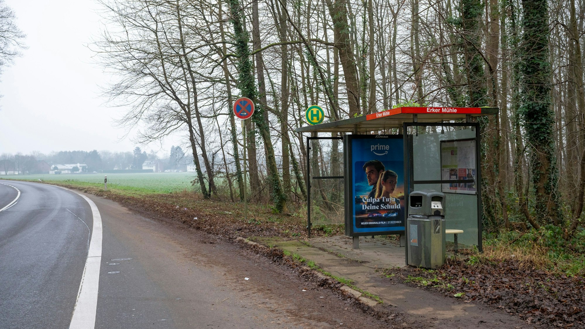 Die Bushaltestelle „Erker Mühle“ am Brücker Mauspfad liegt sehr einsam. Nach 20 Uhr können Fahrgäste auf Wunsch zwischen zwei Haltestellen aussteigen.