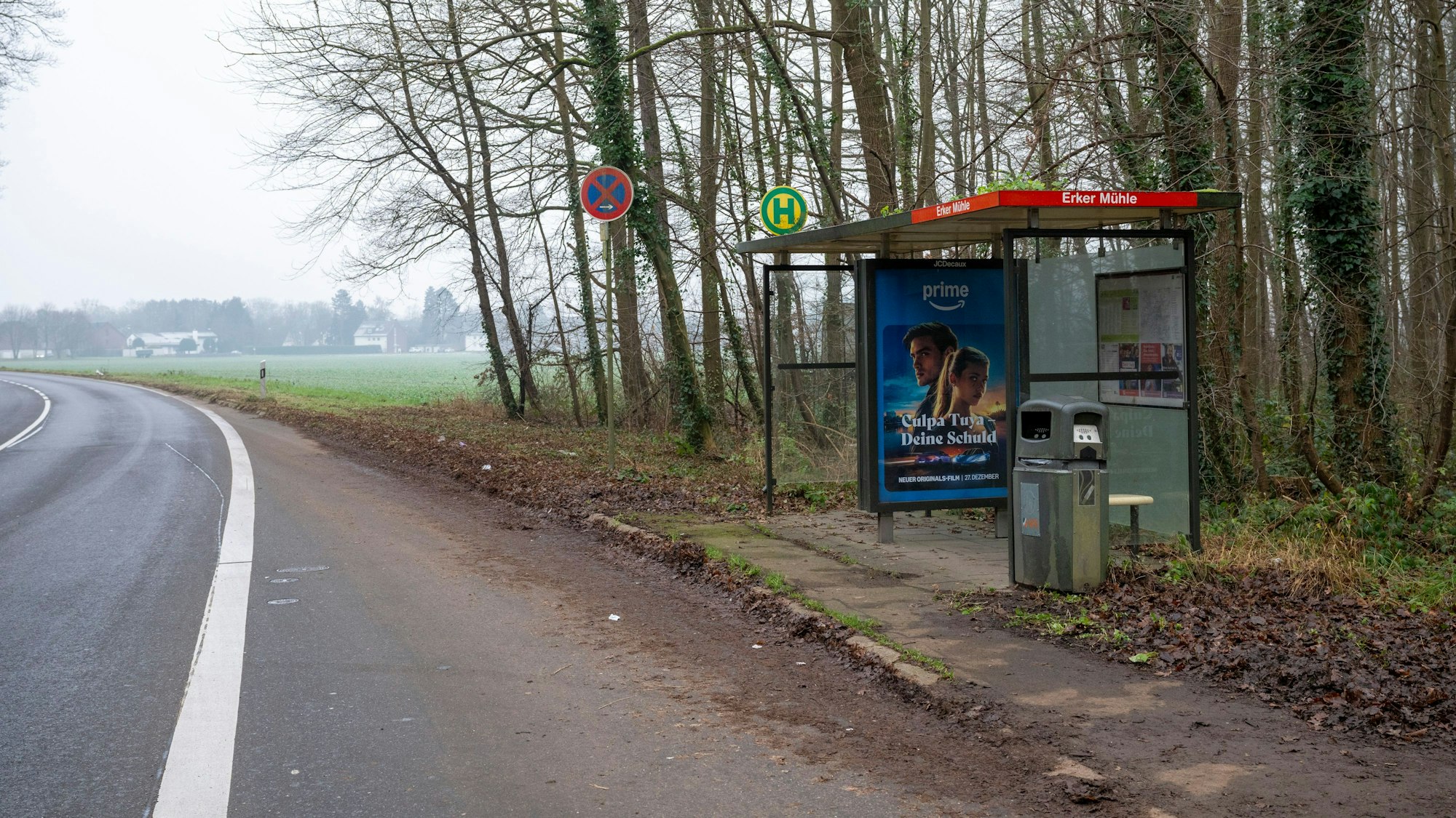 Die Bushaltestelle „Erker Mühle“ am Brücker Mauspfad, an einer Straße gelegen