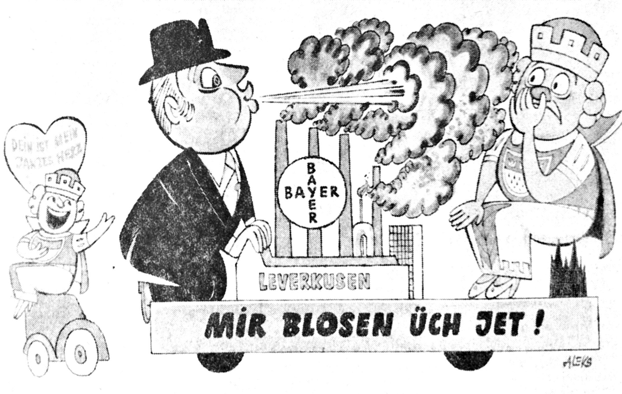 Karikatur von Alfred Küsshauer als Motiv für einen Mottowagen im Leverkusener Rosenmontagszug. Leverkusen wehrte sich mit Unterstützung Bayers erfolgreich gegen eine Eingemeindung nach Köln
