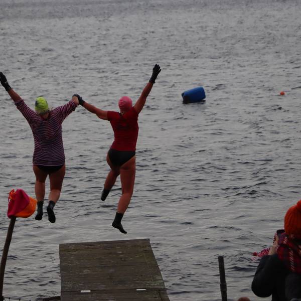 Auf dem Bild sind zwei Schwimmer zu sehen, die in den Liblarer See springen.