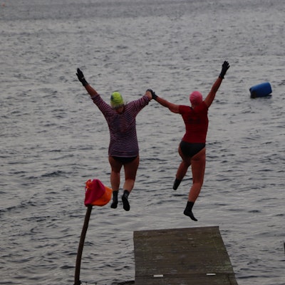 Auf dem Bild sind zwei Schwimmer zu sehen, die in den Liblarer See springen.