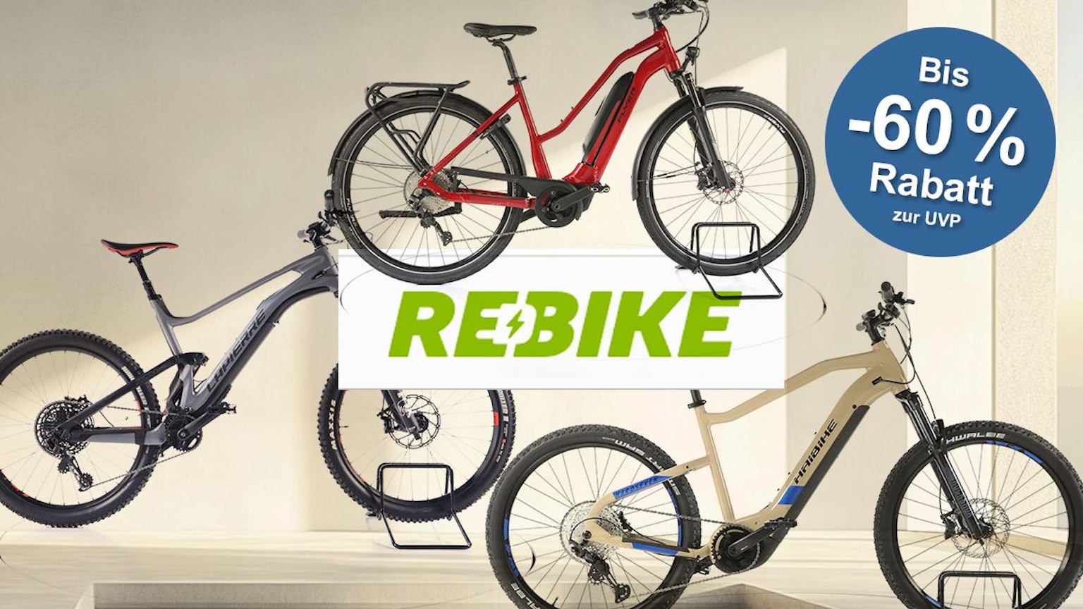 Darstellung von E-Bikes verschiedener Marken im Rebike Inventur Sale