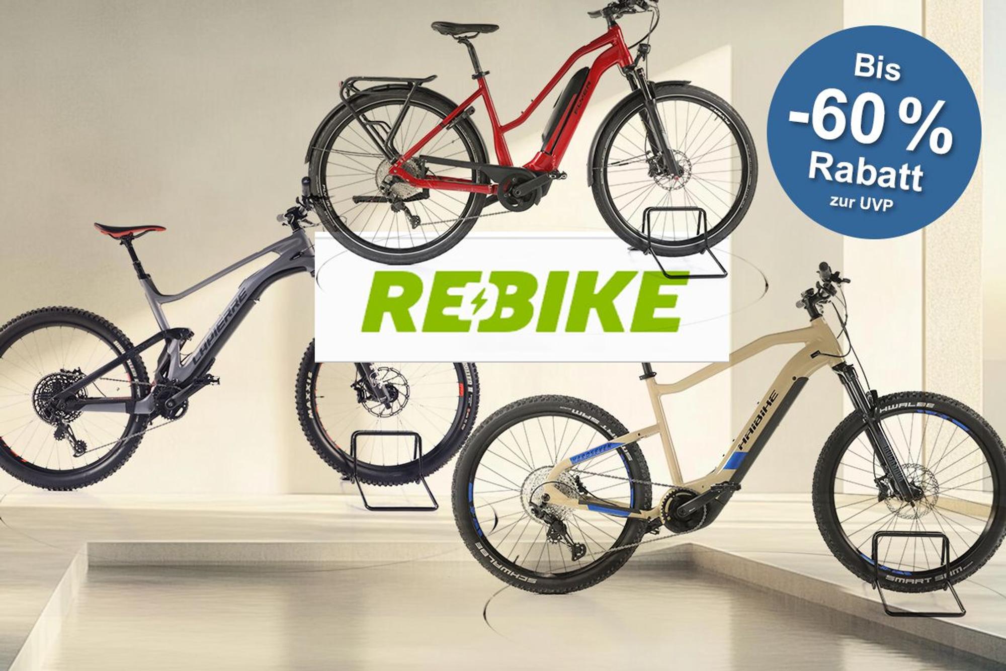 Darstellung von E-Bikes verschiedener Marken im Rebike Inventur Sale