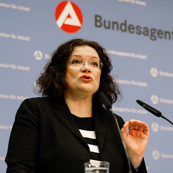 ARCHIV - 03.01.2023, Bayern, Nürnberg: Andrea Nahles, Vorstandsvorsitzende der Bundesagentur für Arbeit (BA), spricht zur Lage auf dem deutschen Arbeitsmarkt. (zu dpa: «Winterpause macht sich am Arbeitsmarkt bemerkbar») Foto: Daniel Löb/dpa +++ dpa-Bildfunk +++