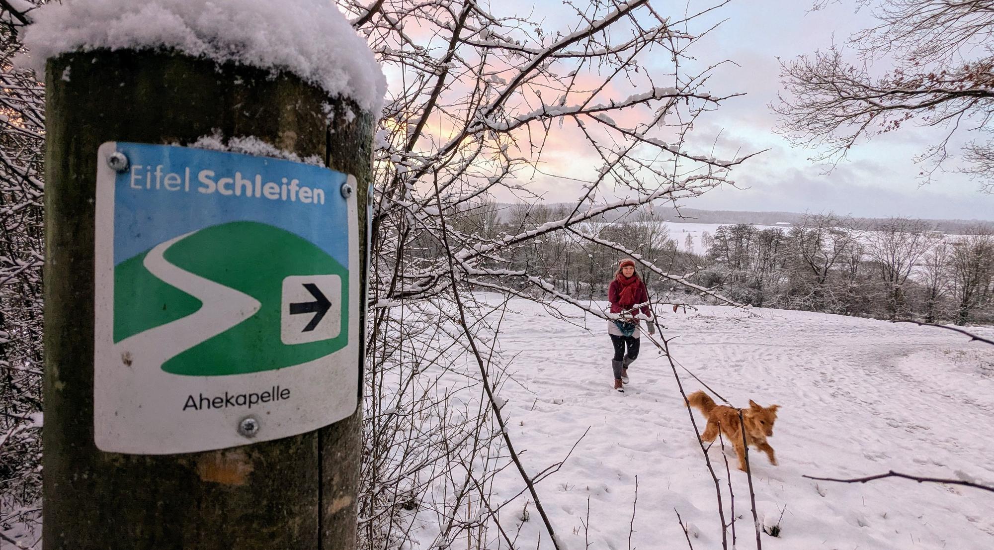 Eine Spaziergängerin mit Hund auf der verschneiten Eifelschleife Ahekapelle im Genfbachtal bei Nettersheim.