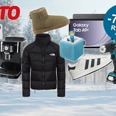 Verschiedene Produkte wie UGG Boots, Samsung Tablet, Toniebox, Makita Akkuschrauber, adidas Sneaker und mehr sind vor einem winterlichen Hintergrund angeordnet.