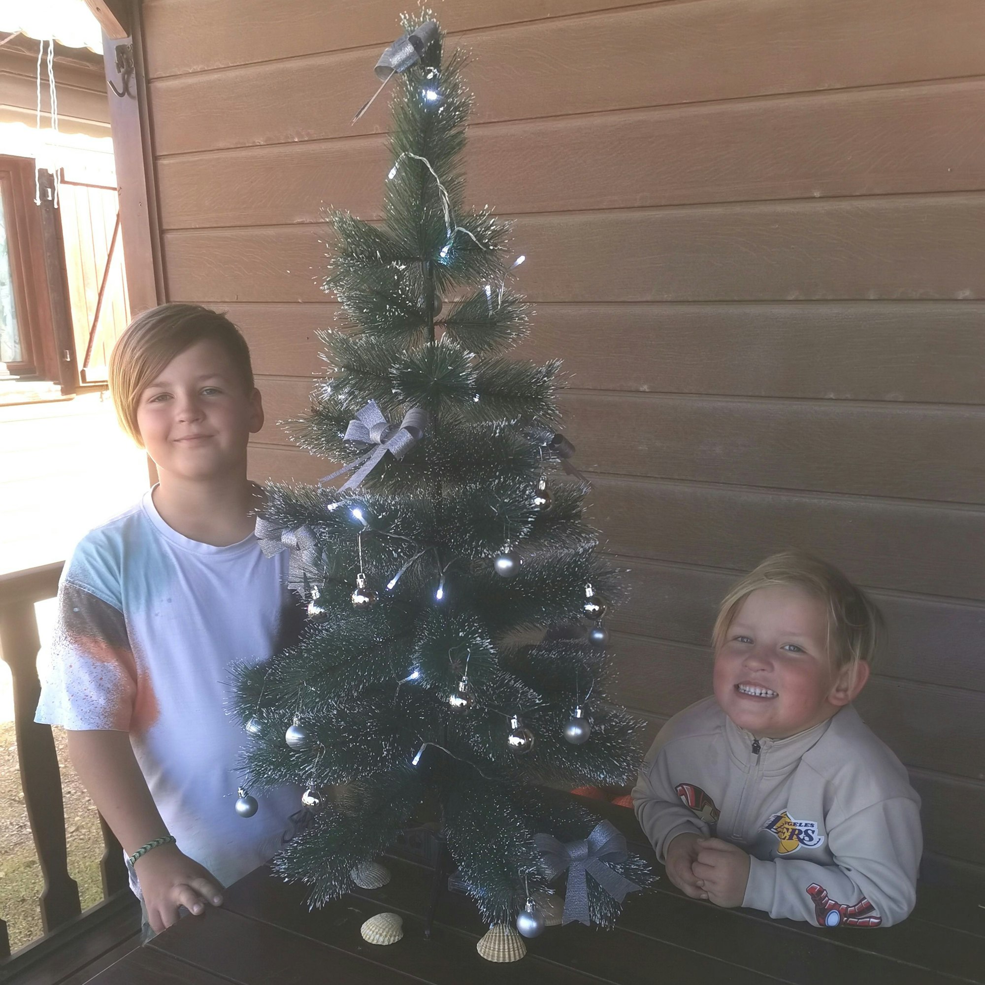 Zwei Jungs schmücken in Strandnähe und in einem sommerlichen Ambiente einen Weihnachtsbaum.