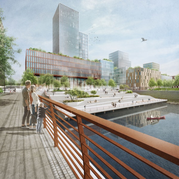 Blick auf den Hafenplatz und das 80-Meter-Hochhaus. Es ist das höchste Gebäude im Deutzer Hafen.