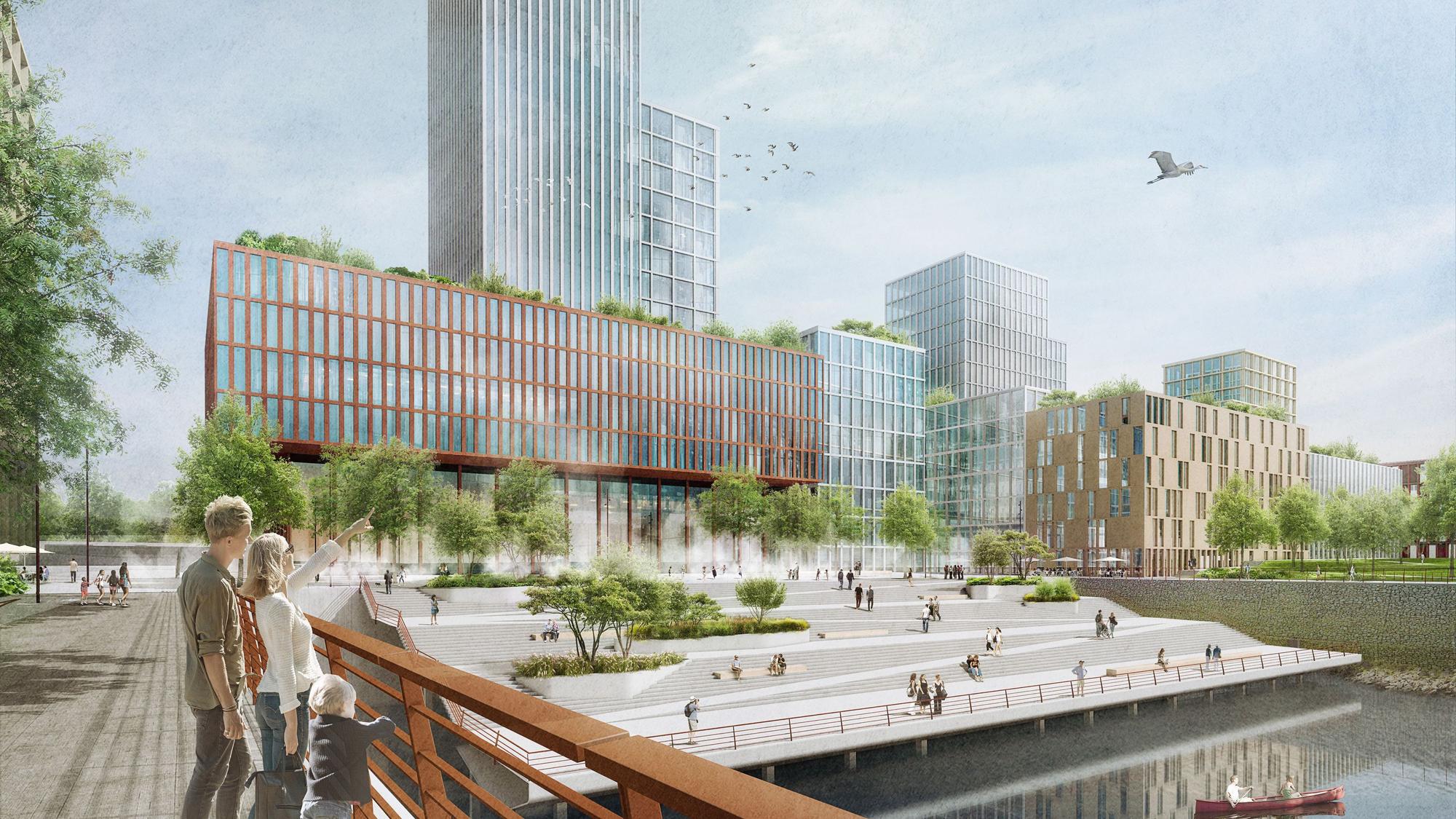 Blick auf den Hafenplatz und das 80-Meter-Hochhaus. Es ist das höchste Gebäude im Deutzer Hafen.
