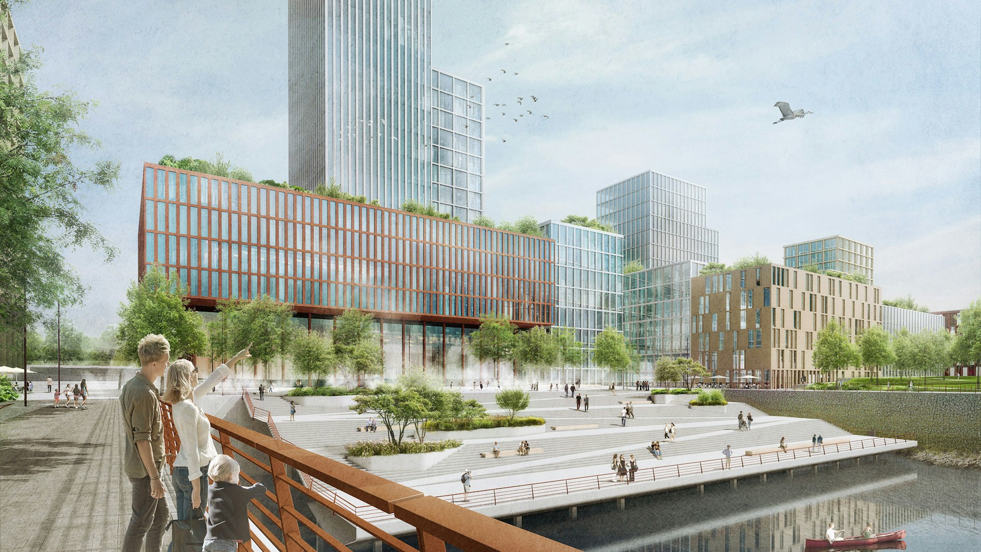 Blick auf den Hafenplatz und das 80-Meter-Hochhaus. Es ist das höchste Gebäude im Deutzer Hafen.