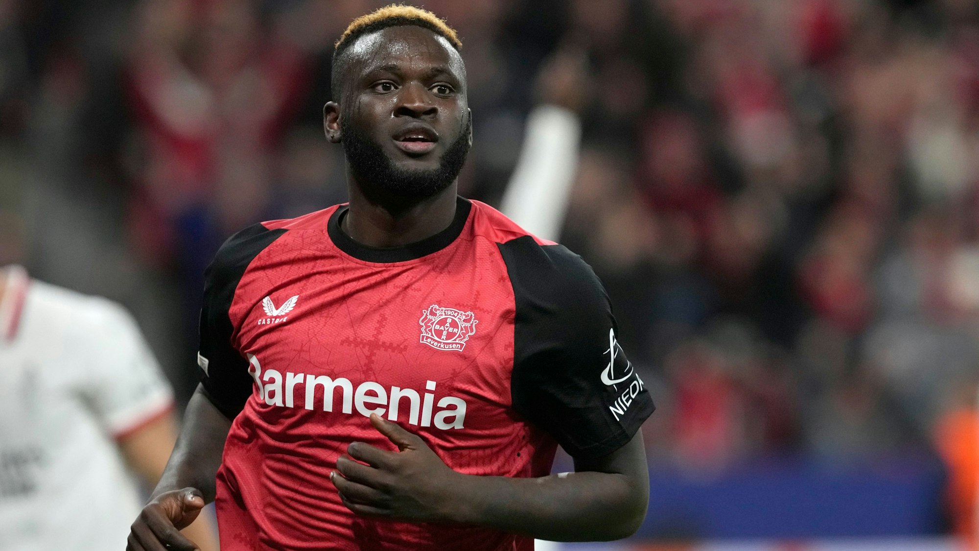 Leverkusen's Victor Boniface celebrates after scoring his side's opening goal during the Champions League soccer match between Bayer Leverkusen and AC Milan at the BayArena in Leverkusen, Germany, Tuesday, Oct.1, 2024. (AP Photo/Michael Probst)
