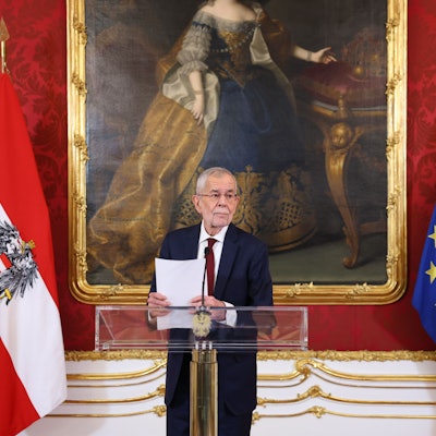 Der österreichische Bundespräsident Alexander Van der Bellen spricht zur aktuellen Situation der Regierungsbildung in der Präsidentschaftskanzlei.