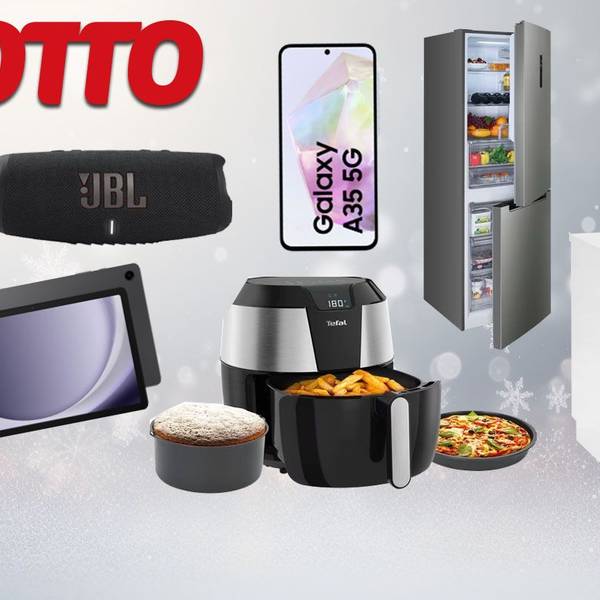 OTTO-Logo und verschiedene Haushalts- und Entertainmentgeräte wie ein Kühlschrank, Airfryer, Smartphone und Musikbox vor einem hellgrauen, winterlichen Hintergrund.