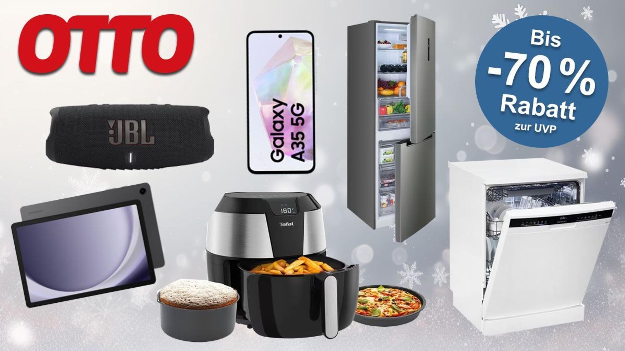OTTO-Logo und verschiedene Haushalts- und Entertainmentgeräte wie ein Kühlschrank, Airfryer, Smartphone und Musikbox vor einem hellgrauen, winterlichen Hintergrund.