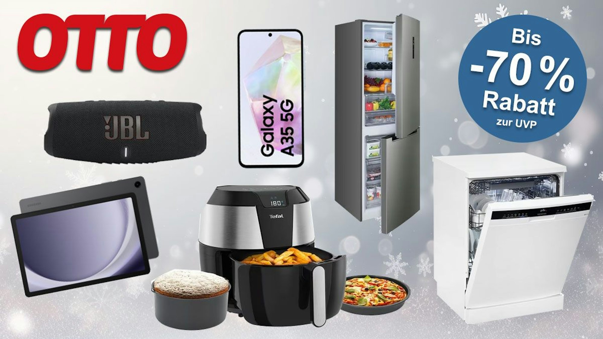 OTTO-Logo und verschiedene Haushalts- und Entertainmentgeräte wie ein Kühlschrank, Airfryer, Smartphone und Musikbox vor einem hellgrauen, winterlichen Hintergrund.