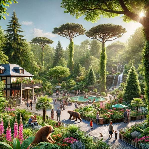 Ein bärenartiges Tier läuft im Kölner Zoo frei herum. Ein offenbar verliebtes Paar sitzt unten links im Bild mitten im Affengehege. Keine Sorge, das Bild ist KI-generiert.