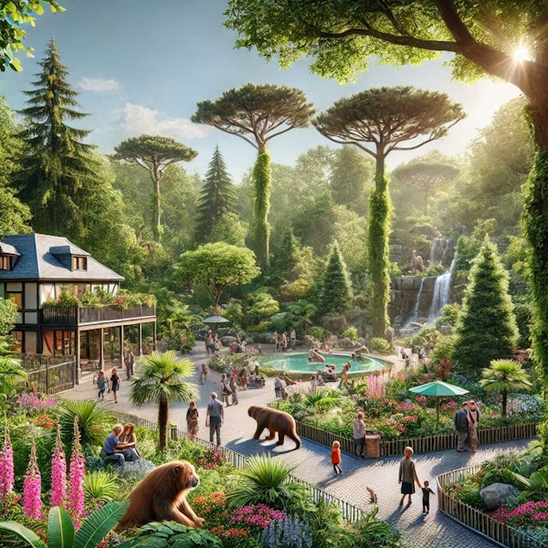 Ein bärenartiges Tier läuft im Kölner Zoo frei herum. Ein offenbar verliebtes Paar sitzt unten links im Bild mitten im Affengehege. Keine Sorge, das Bild ist KI-generiert.