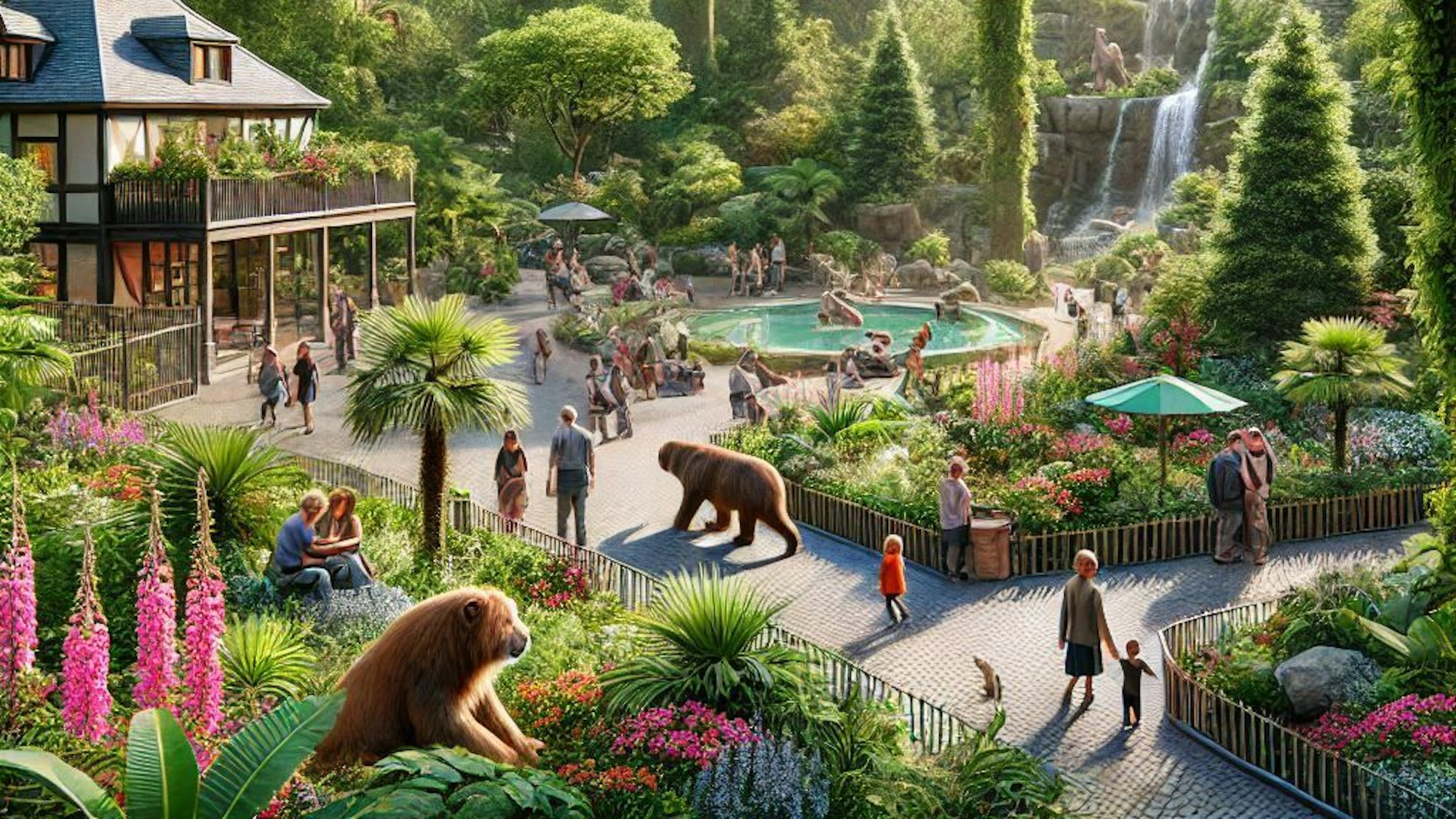 Ein bärenartiges Tier läuft im Kölner Zoo frei herum. Ein offenbar verliebtes Paar sitzt unten links im Bild mitten im Affengehege. Keine Sorge, das Bild ist KI-generiert.