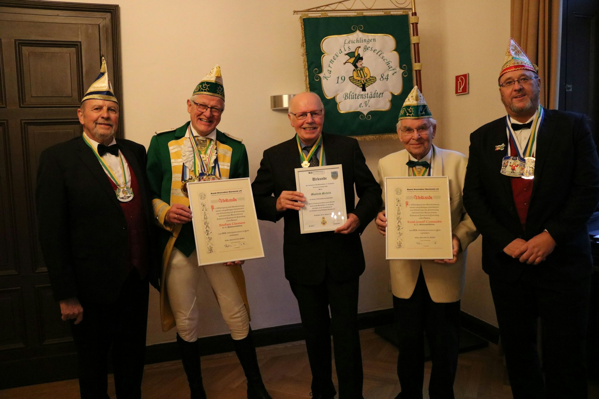 Blütenstädter Leichlingen Neujahrsempfang, Werner Fuchs (BDK), Stefan Clemen (KG B), Manfred Michels (FLK), Karl-Josef Conrads (KG B), Christoph Marx (BDK)