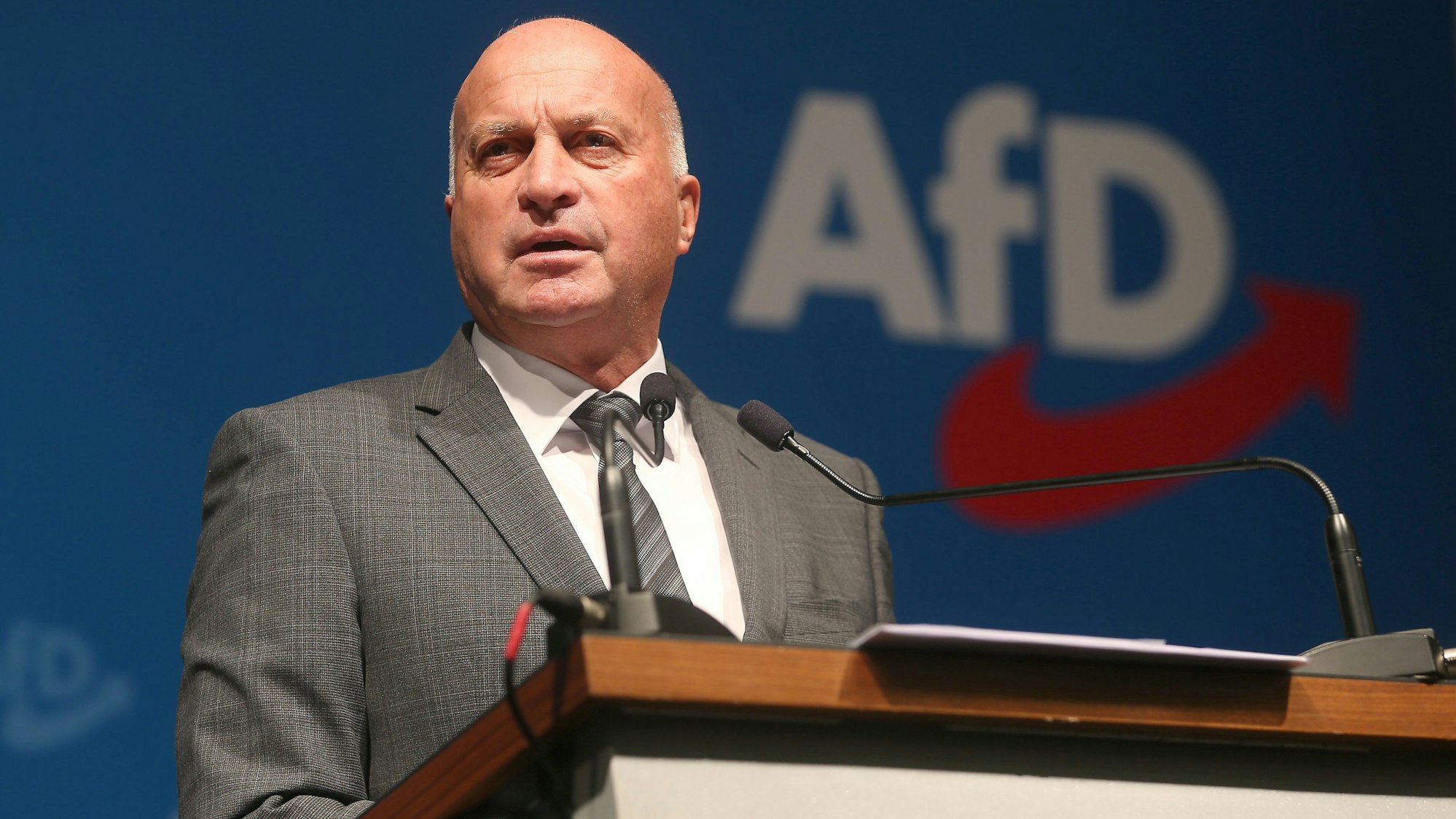 Rüdiger Lucassen steht an einem Rednerpult, auf einer Wand dahinter steht das AfD-Logo.