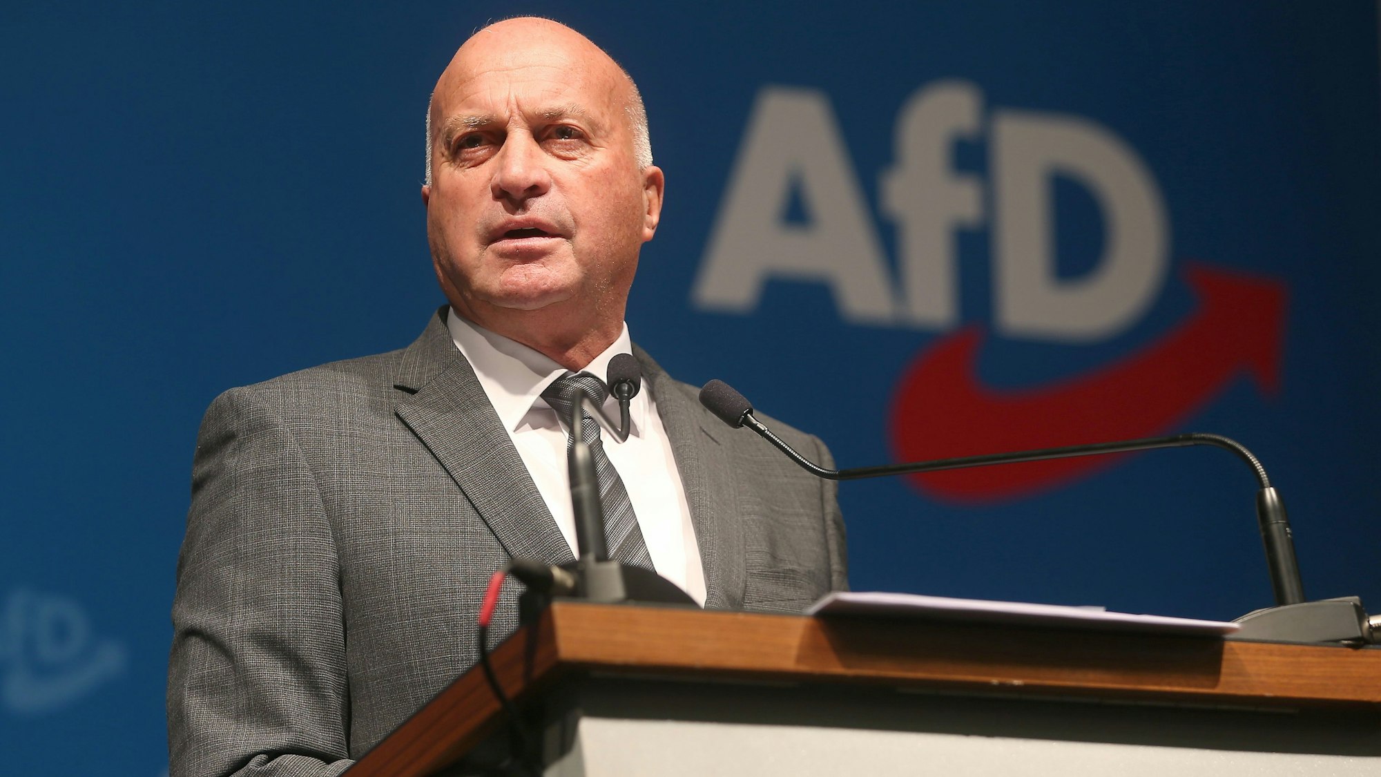 Rüdiger Lucassen steht an einem Rednerpult, auf einer Wand dahinter steht das AfD-Logo.