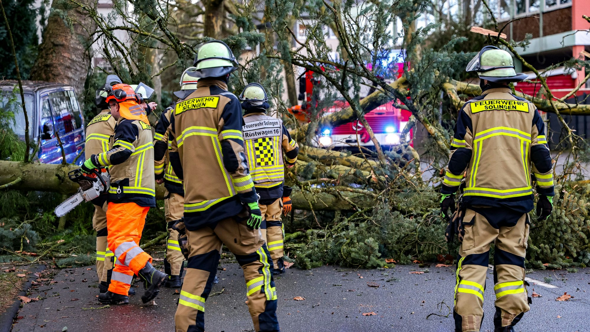 Einsatzkräfte der Feuerwehr stehen vor einem umgestürzten Baum in Solingen und zerkleinern diesen mit Kettensägen.