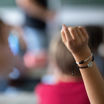 Eine Schülerin zeigt im Unterricht auf.