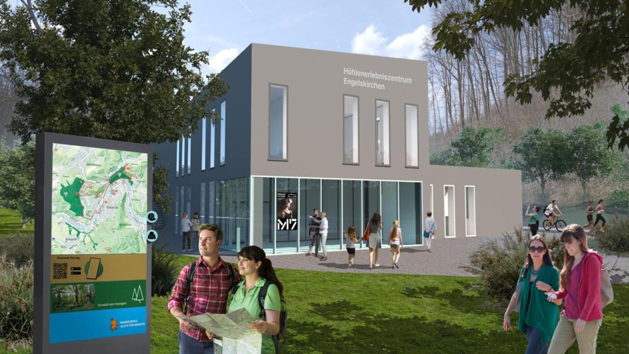 Entwürfe zum geplanten Höhlenerlebniszentrum Engelskirchen-Ründeroth des Planungsbüros Kunzberg. Die Visualisierungen zeigen Entwürfe zur Gestaltungs und zum Farbkonzept, der geplanten Ausstellungsorts.