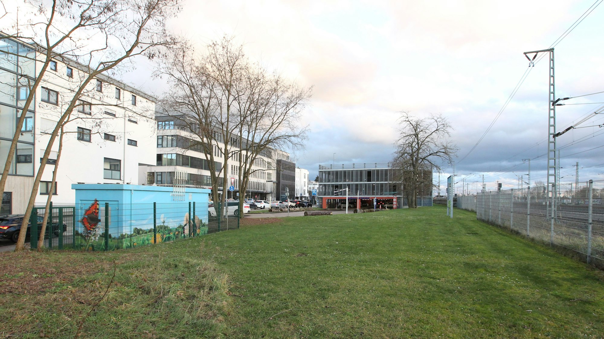 Eine Wiese an einer Bahnlinie, links stehen mehrgeschossige Wohnhäuser.