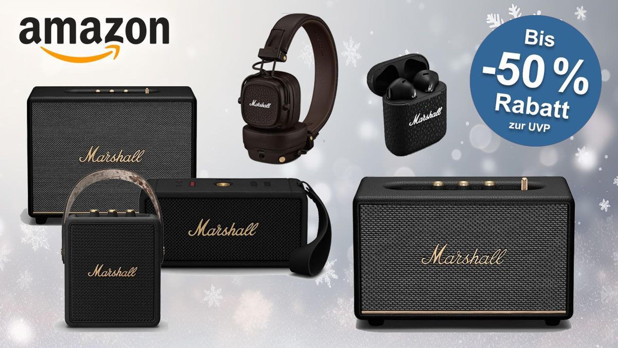 Verschiedene Audio-Produkte der Marke Marshall vor einem grau-blauen, winterlichen Hintergrund: Bluetooth-Lautsprecher, In-Ear-Kopfhörer und On-Ear-Kopfhörer.