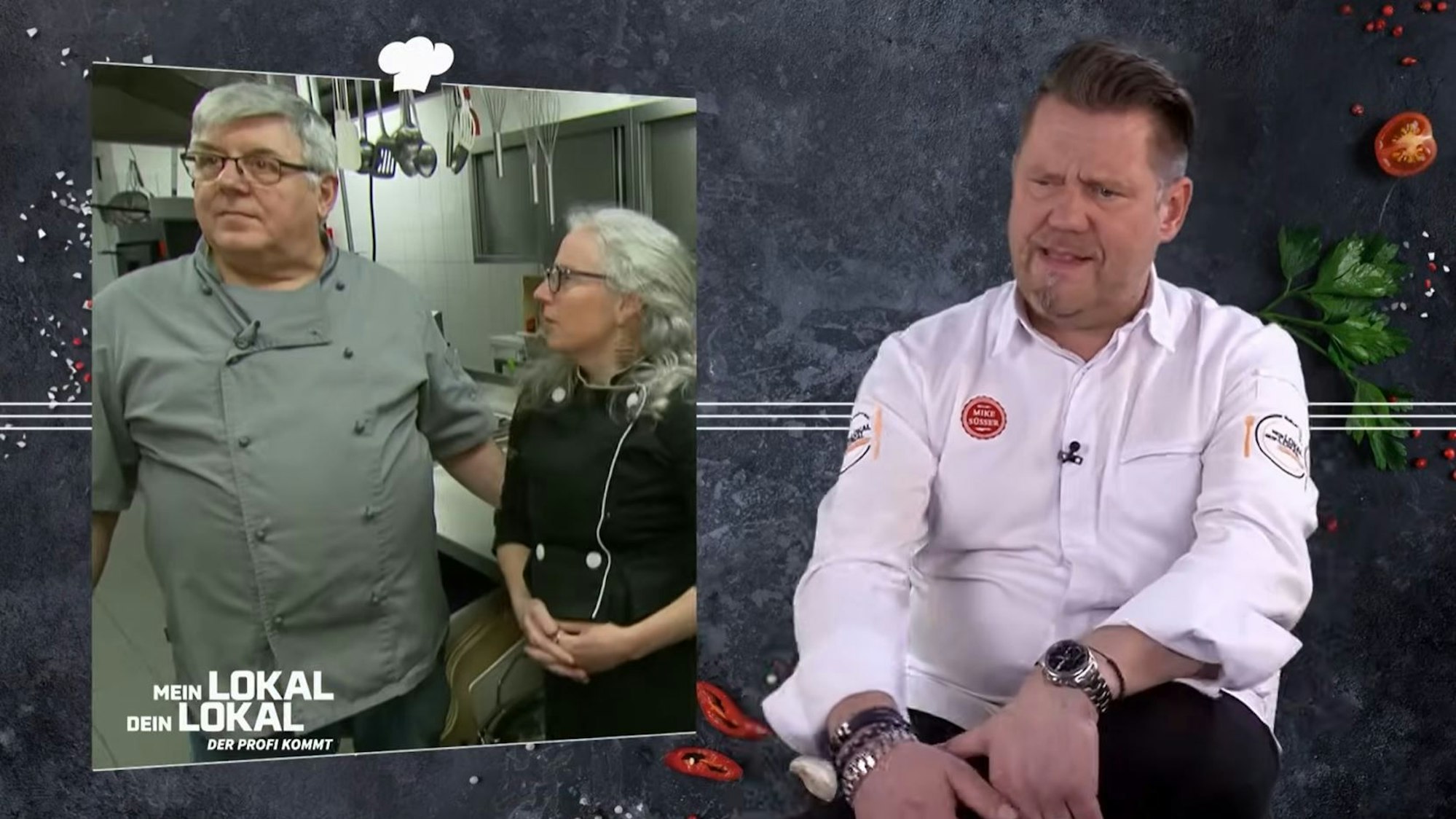 Koch Benito Di Lorenzo (v.l.) mit Wirtin Soledad Sichert und TV-Koch Mike Süsser bei Mein Lokal, Dein Lokal.