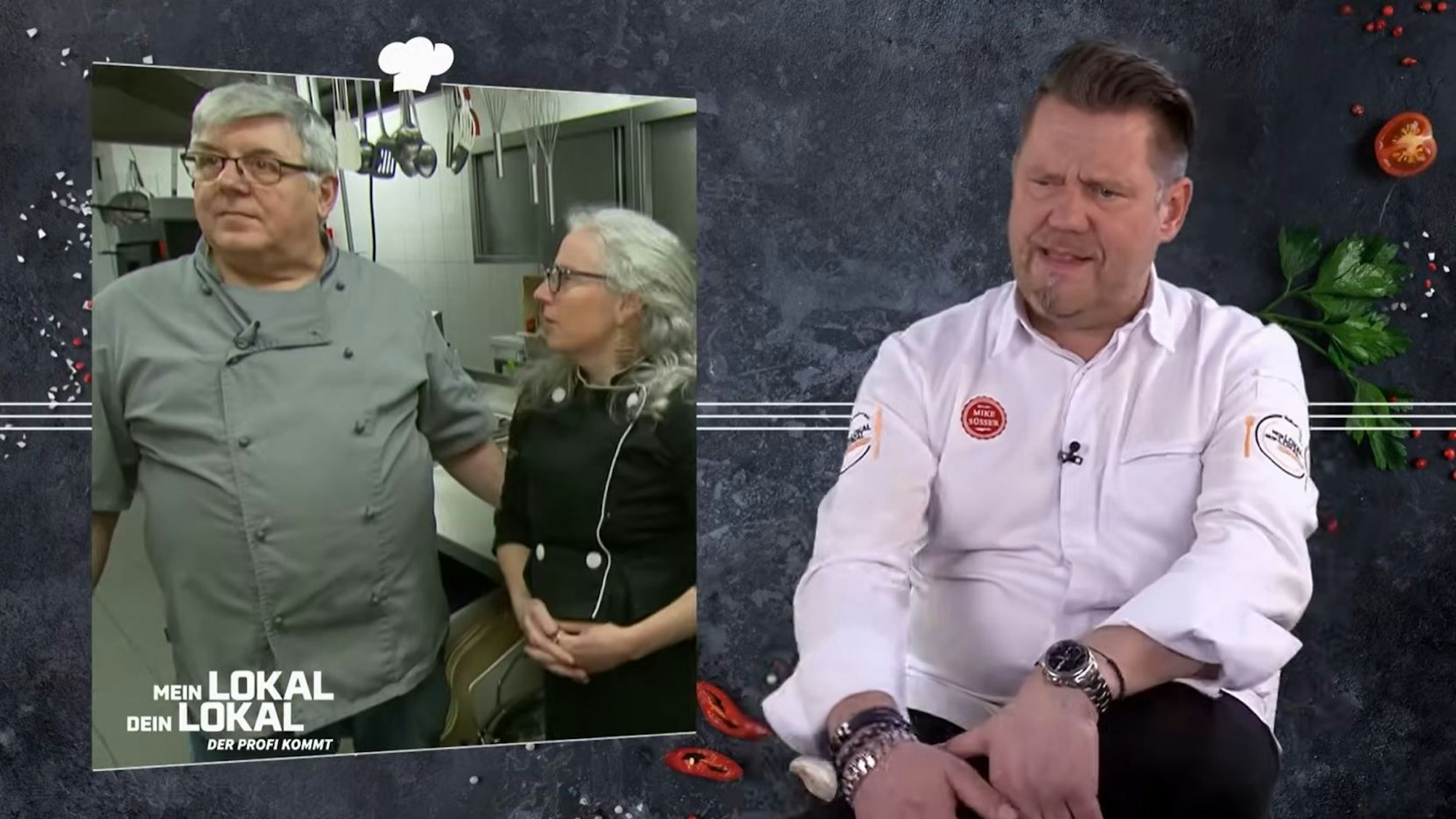 Koch Benito Di Lorenzo (v.l.) mit Wirtin Soledad Sichert und TV-Koch Mike Süsser bei Mein Lokal, Dein Lokal.