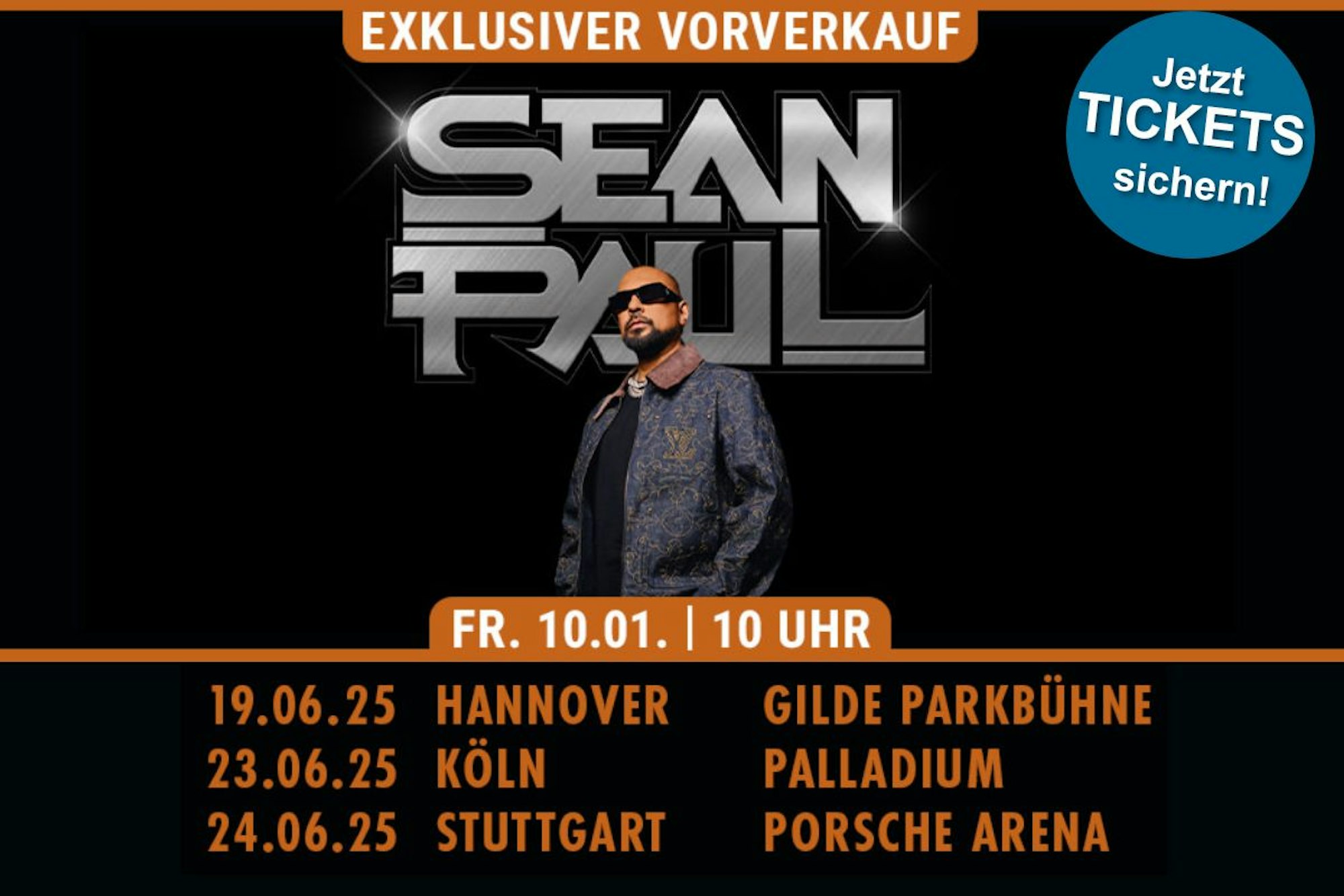 Das Bild zeigt Sean Paul und die 3 Termine seiner Deutschland-Shows.