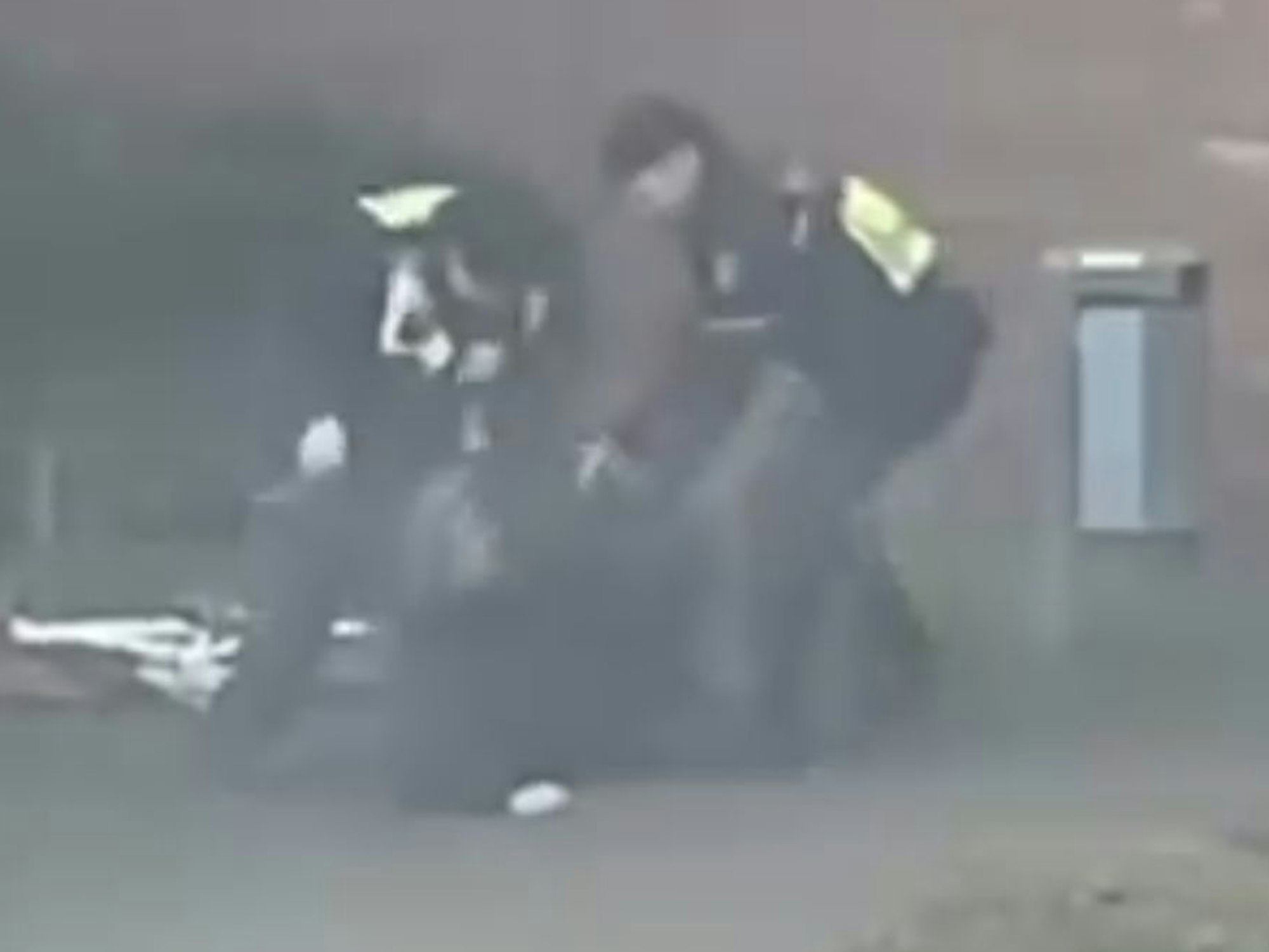 Das Bild zeigt, wie zwei Polizisten auf einen Mann einschlagen.