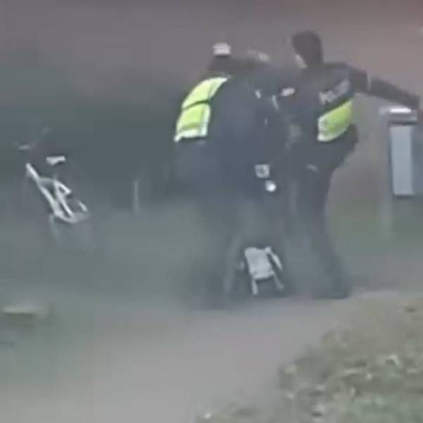 Das Bild zeigt Polizeibeamte, die einen Mann verprügeln