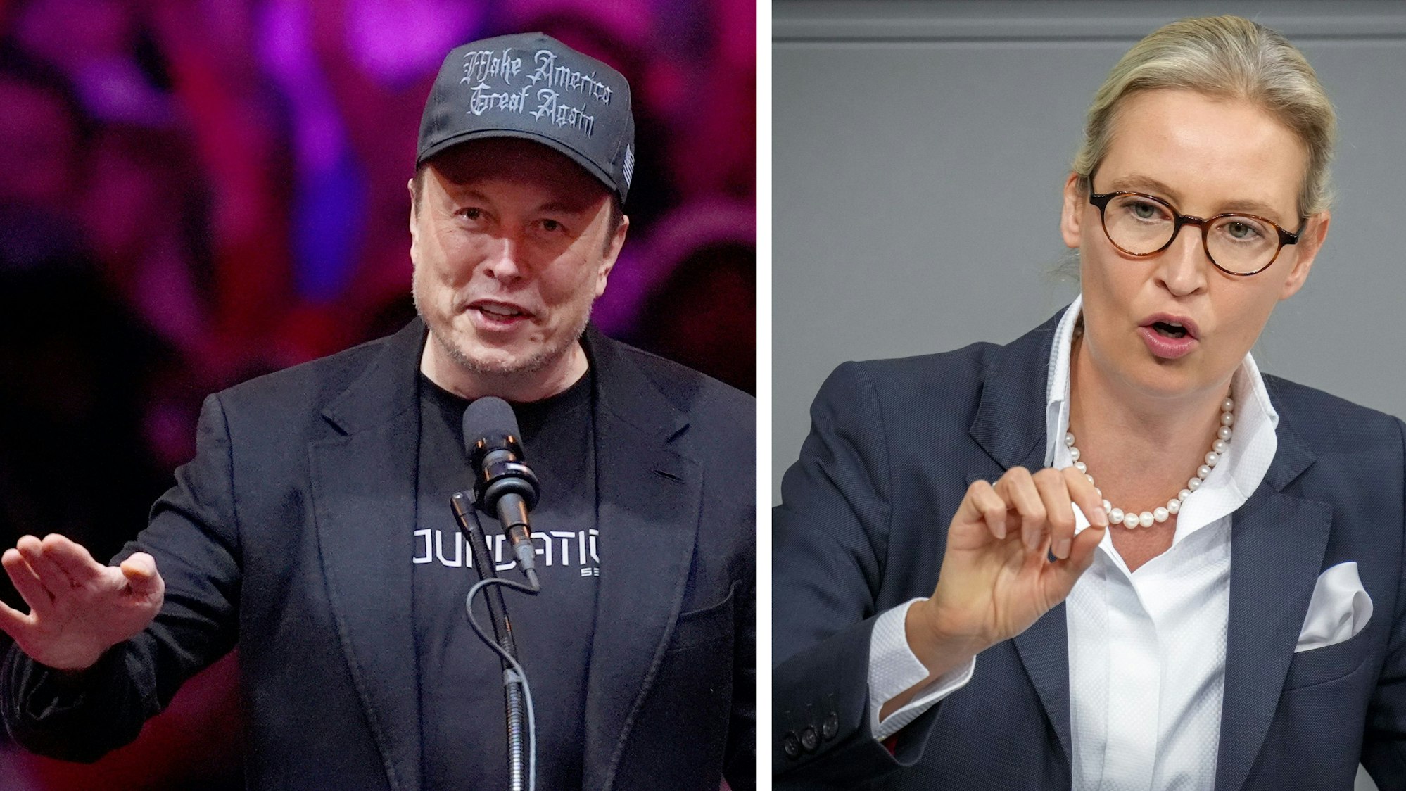 ARCHIV - 09.01.2025, ---: KOMBO - Tech-Milliardär Elon Musk (Archivfoto vom 27.10.2024) und Alice Weidel, AfD-Vorsitzende (Archivfoto vom 13.11.2024).