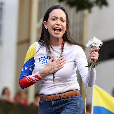 Das Bild zeigt Maria Corina Machado aus Venezuela. Foto: Pedro Mattey/AFP.