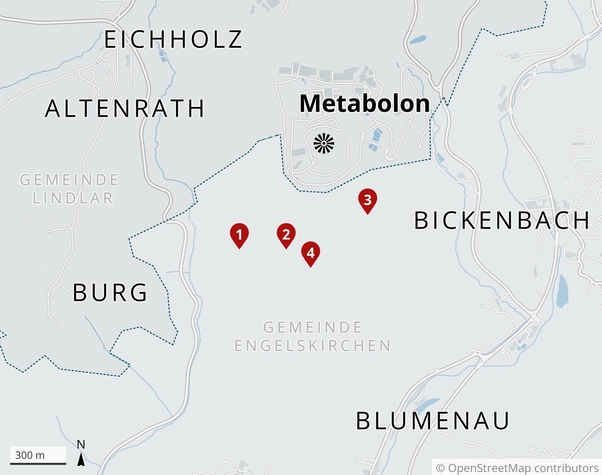 Eine Karte zeigt die Standorte von vier Windkraftanlagen in Engelskirchen.