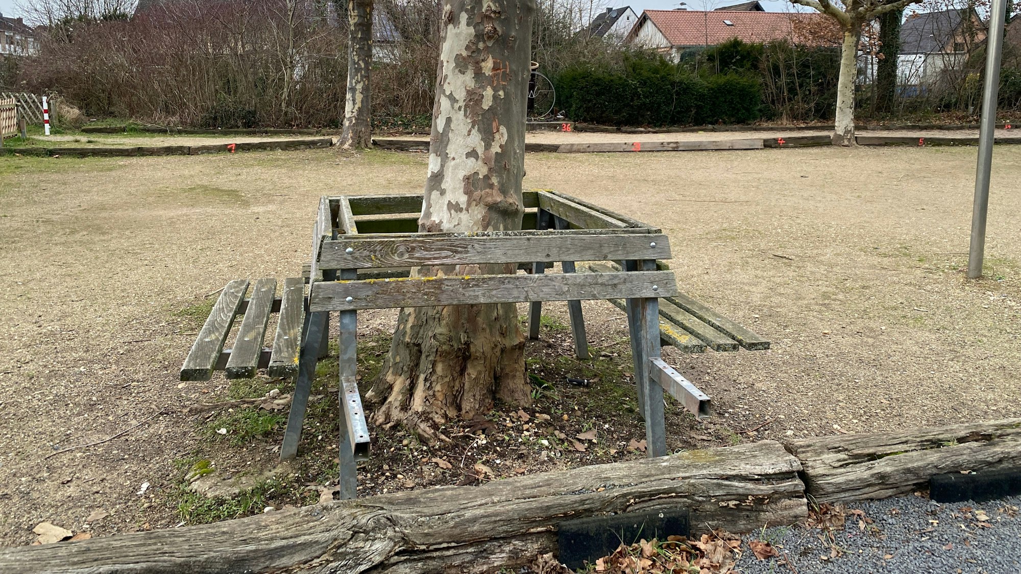 Um einen Baum herum sind Sitzbänke angebracht, eine davon ist kapputt.