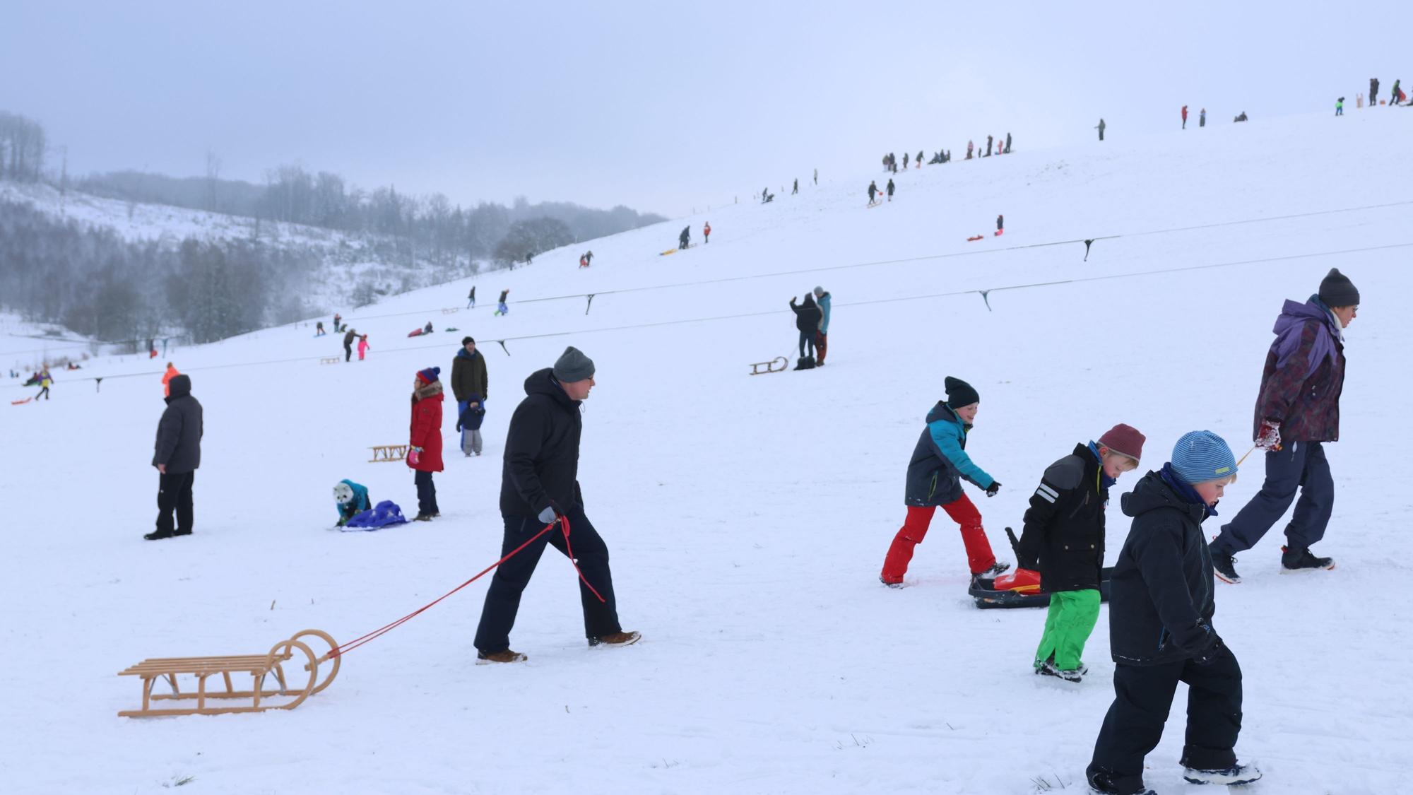 Zahlreiche Rodler auf einem mit Schnee bedeckten Hang.