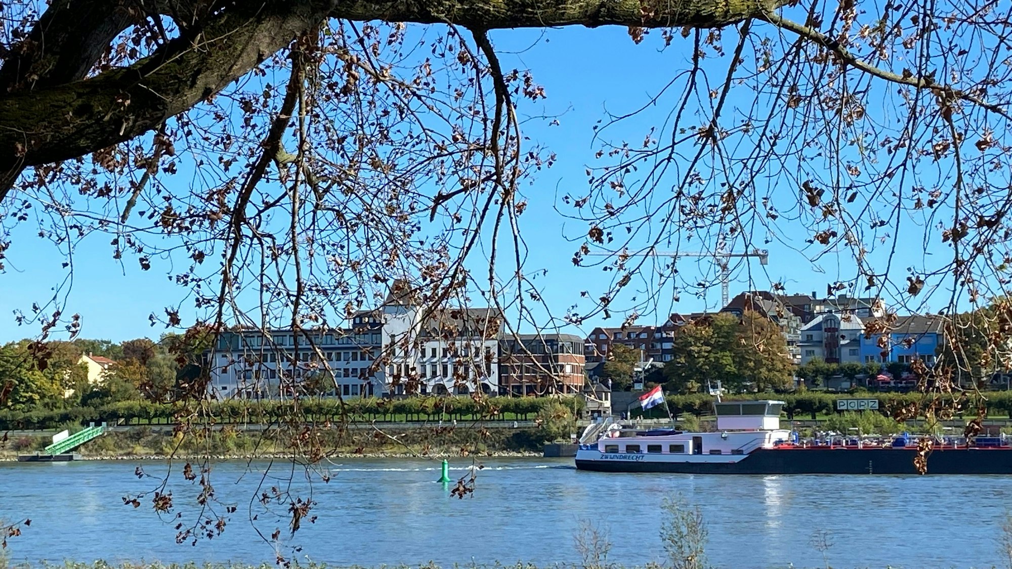 Blick auf den Rhein und das Porzer Rathaus am dahinterliegenden Ufer