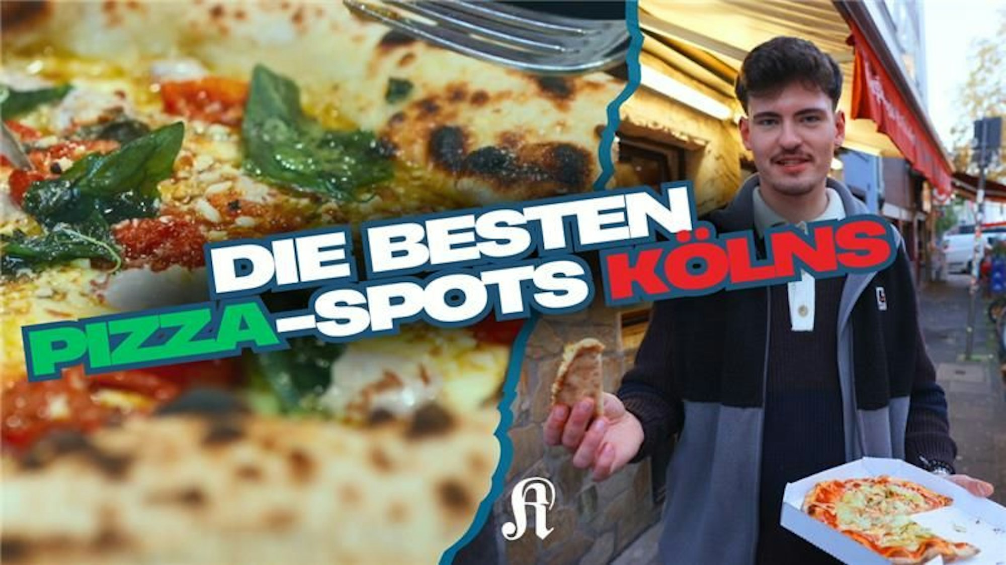 Nahaufnahme einer Pizza neben einem Bild von einem Mann mit Pizza-Karton in der Hand, darüber der Schriftzug „Die besten Pizza-Spots Kölns".