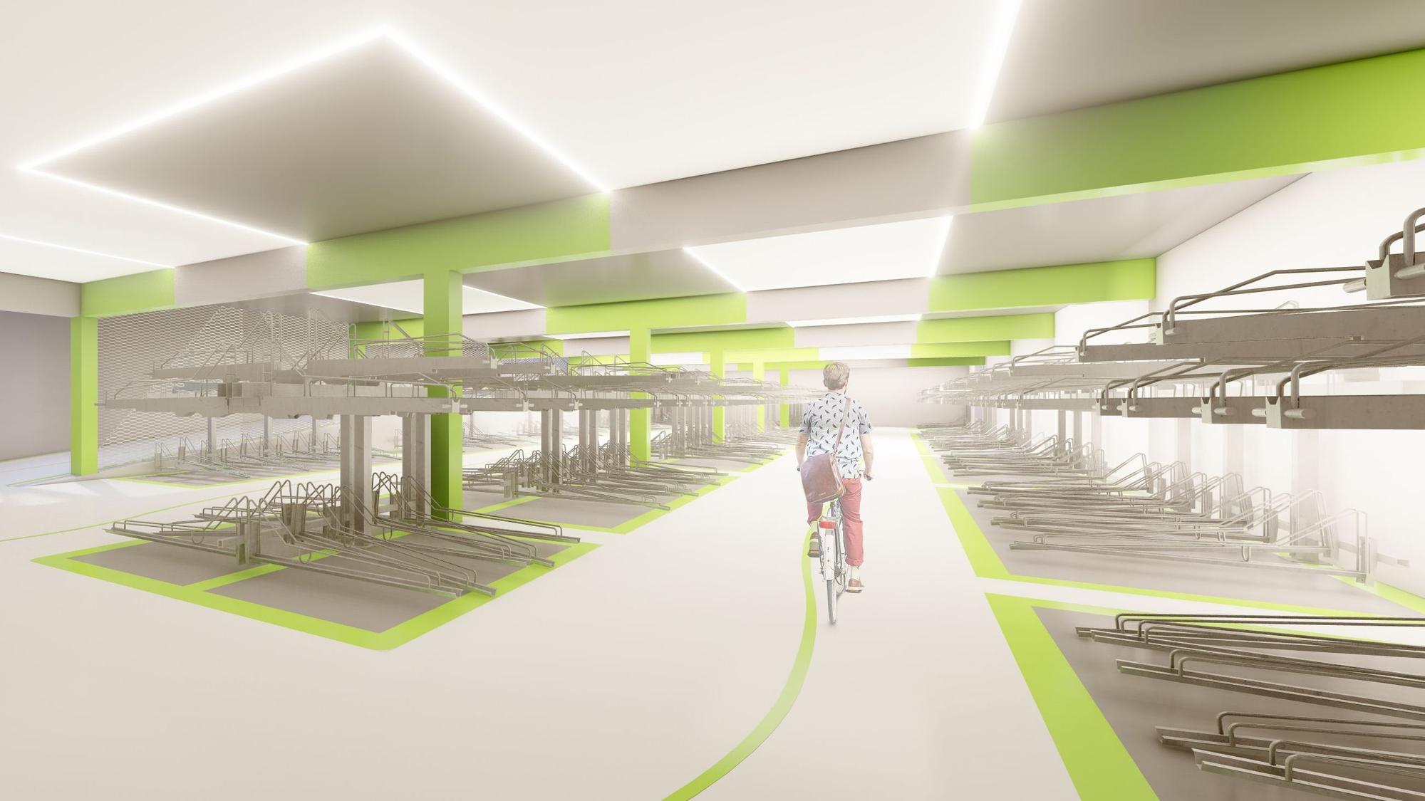 Eine Visualisierung des Architektenbüros der Fahrradgarage mit Doppelstock-Fahrradständern.