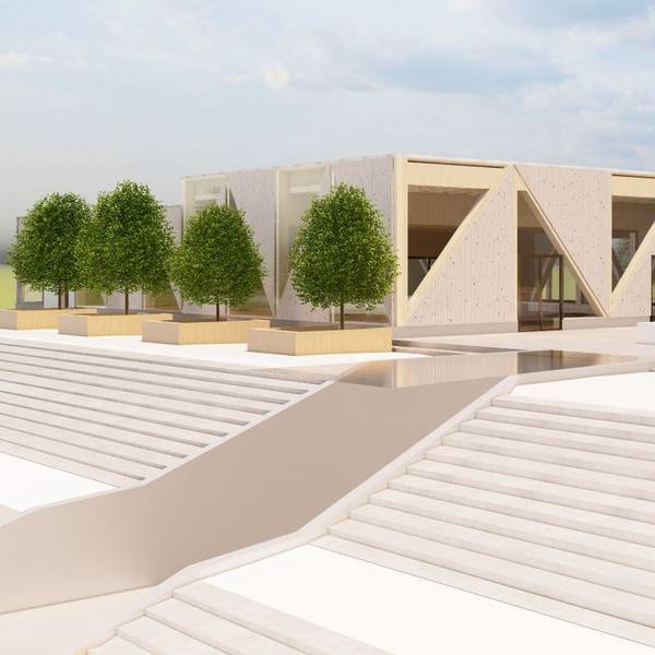 Eine Visualisierung des Architektenbüros für die Radstation mit der Treppenanlage des Hennefer Place Le Pecq im Vordergrund.
