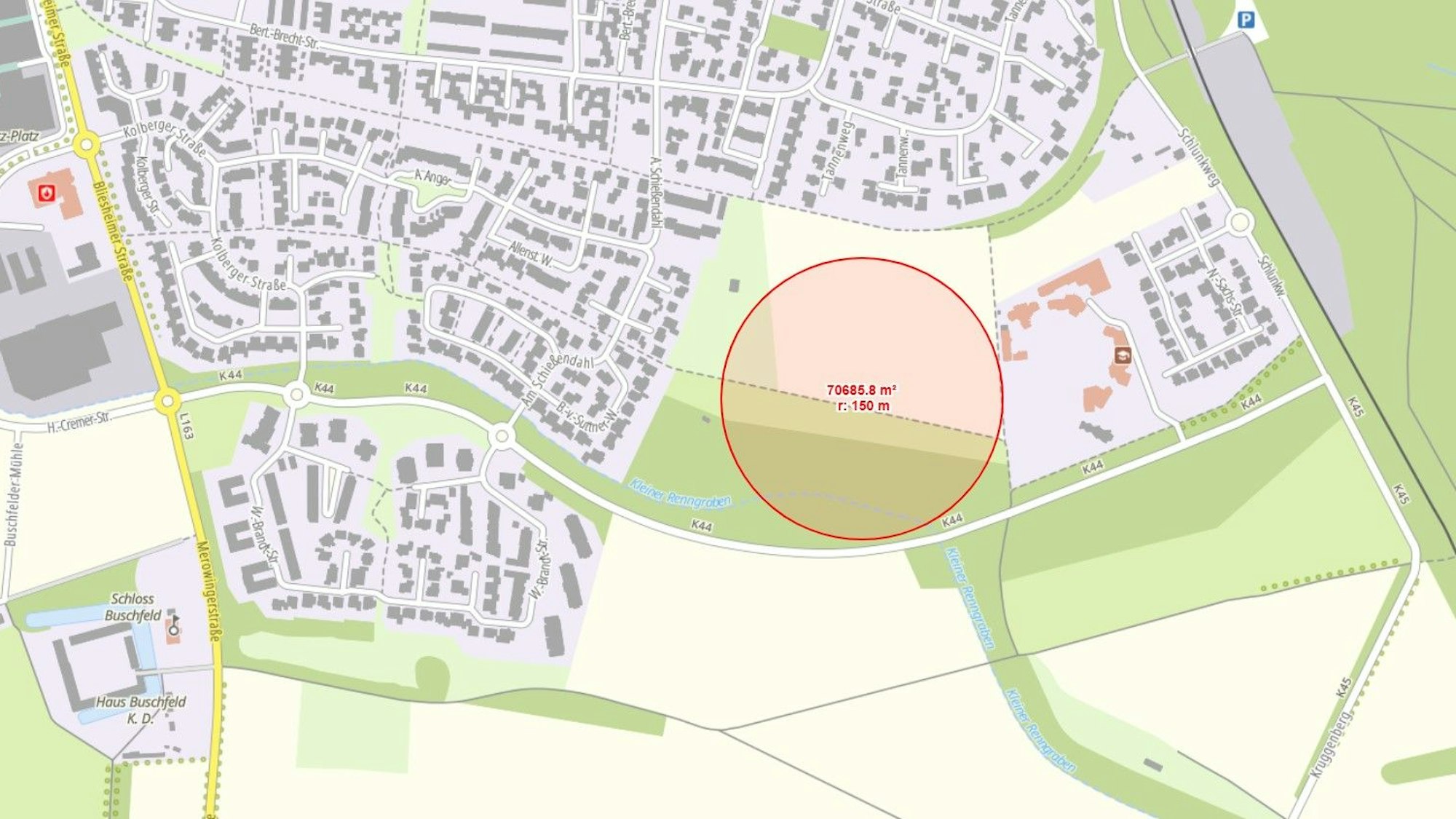 Zu sehen ist eine Karte mit einem eingezeichneten Radius.