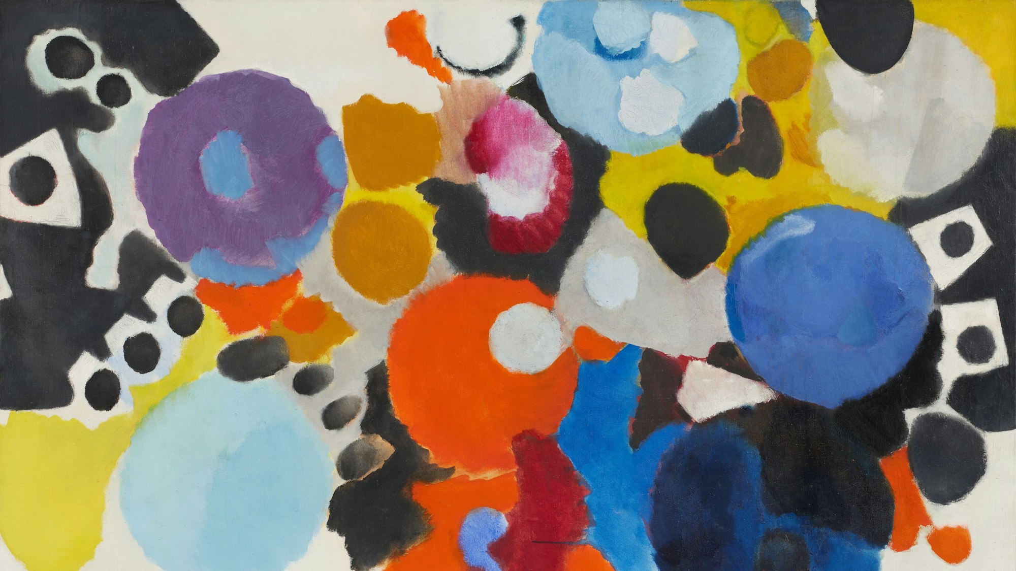 Ernst Wilhelm Nays Gemälde Rot im Zentrum zeigt bunte Farbflecken.