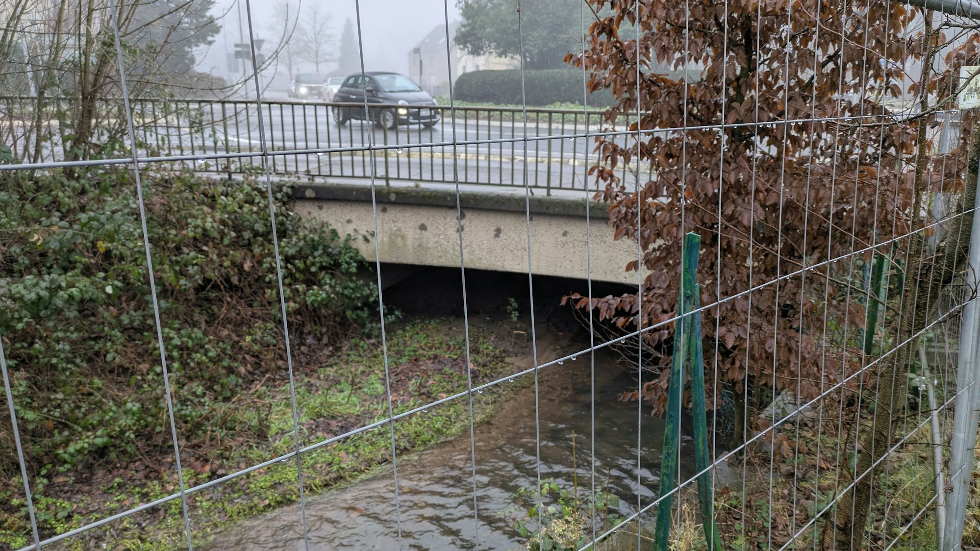 Ein Bach fließt unter einer Straße hindurch.
